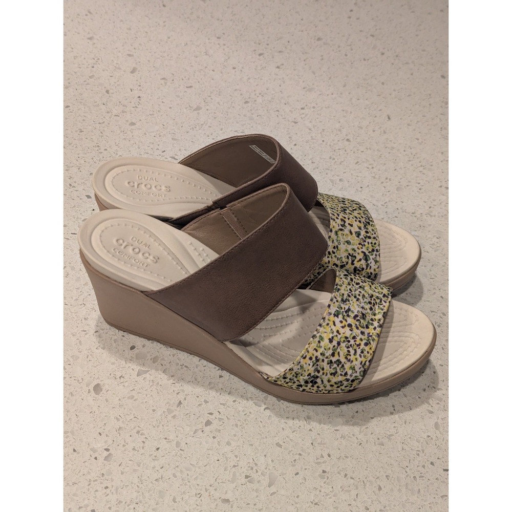 Crocs Leigh II Women's 10 Graphic Floral Wedge Sandals Brown Green Dual Comfort